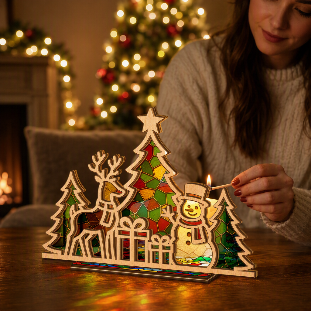 Christmas reindeer and snowman suncatcher candle holder on holiday table