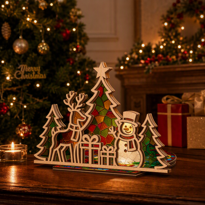 Christmas reindeer and snowman suncatcher candle holder on holiday table