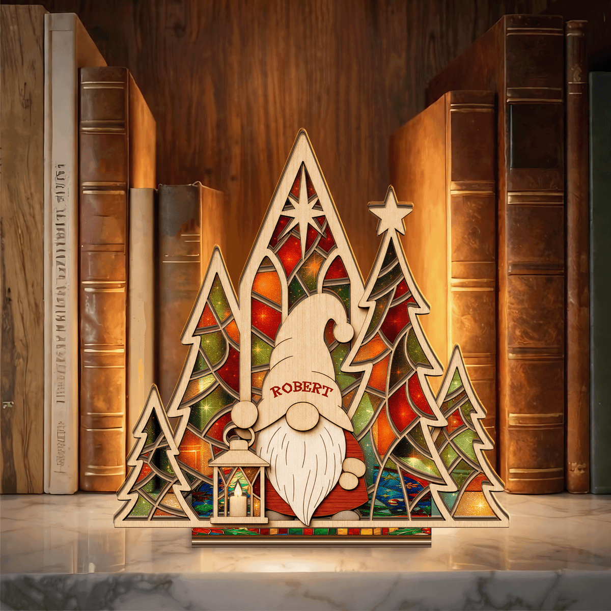 Personalized Christmas gnome name suncatcher candle holder with lantern and pines