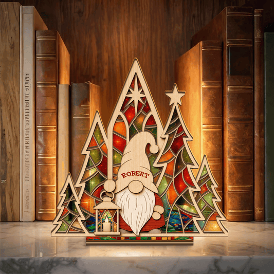 Personalized Christmas gnome name suncatcher candle holder with lantern and pines