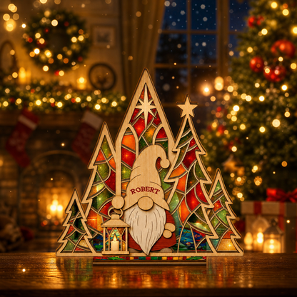 Personalized gnome name suncatcher candle holder glowing on holiday table