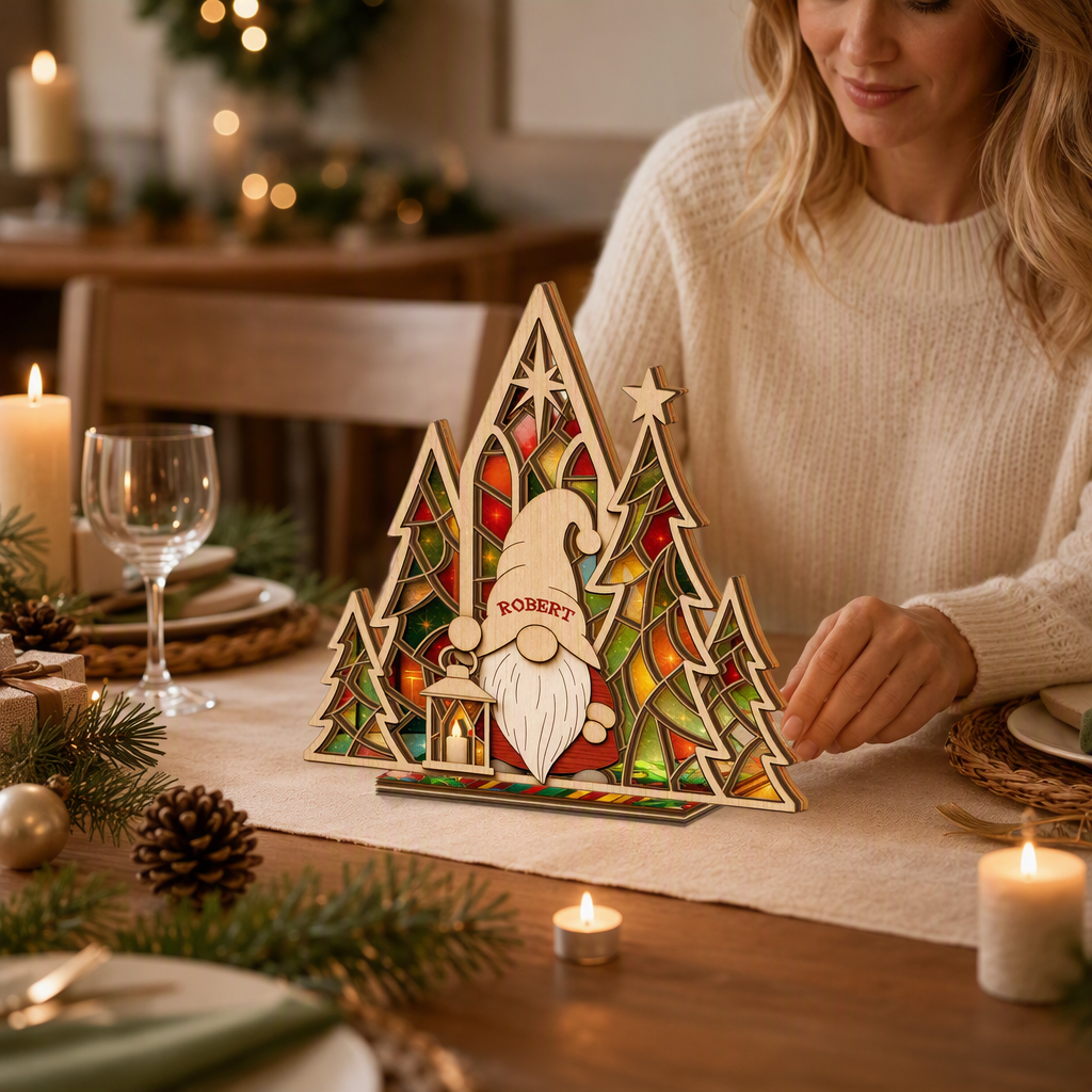 Personalized gnome name suncatcher candle holder glowing on holiday table