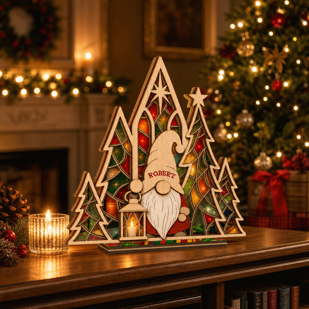Personalized gnome name suncatcher candle holder glowing on holiday table