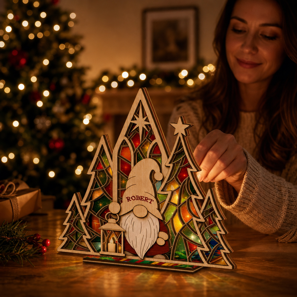 Personalized gnome name suncatcher candle holder glowing on holiday table