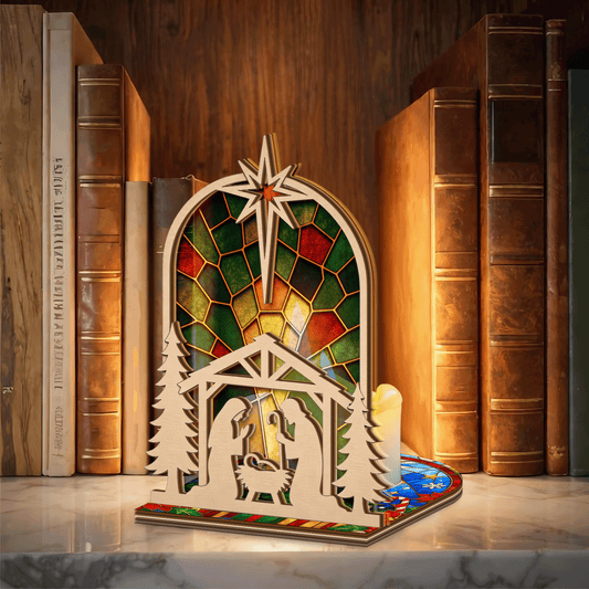 Christmas arched nativity suncatcher candle holder side view