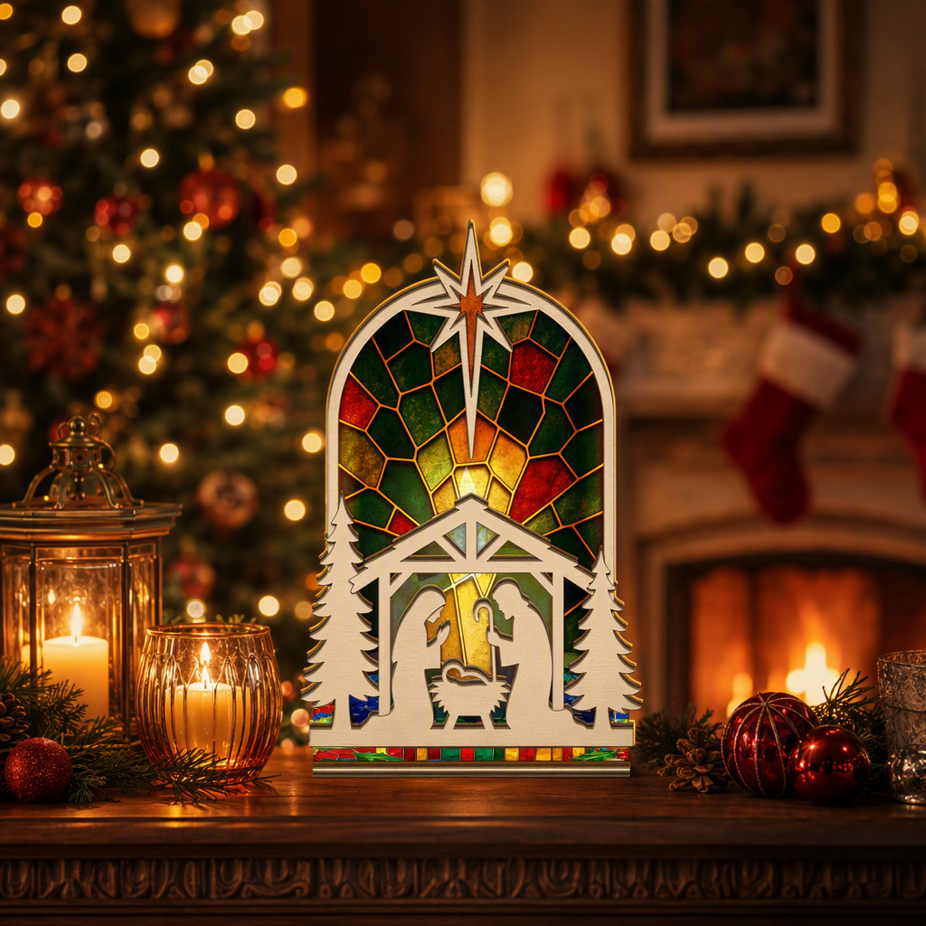 Christmas arched nativity suncatcher candle holder glowing on holiday table