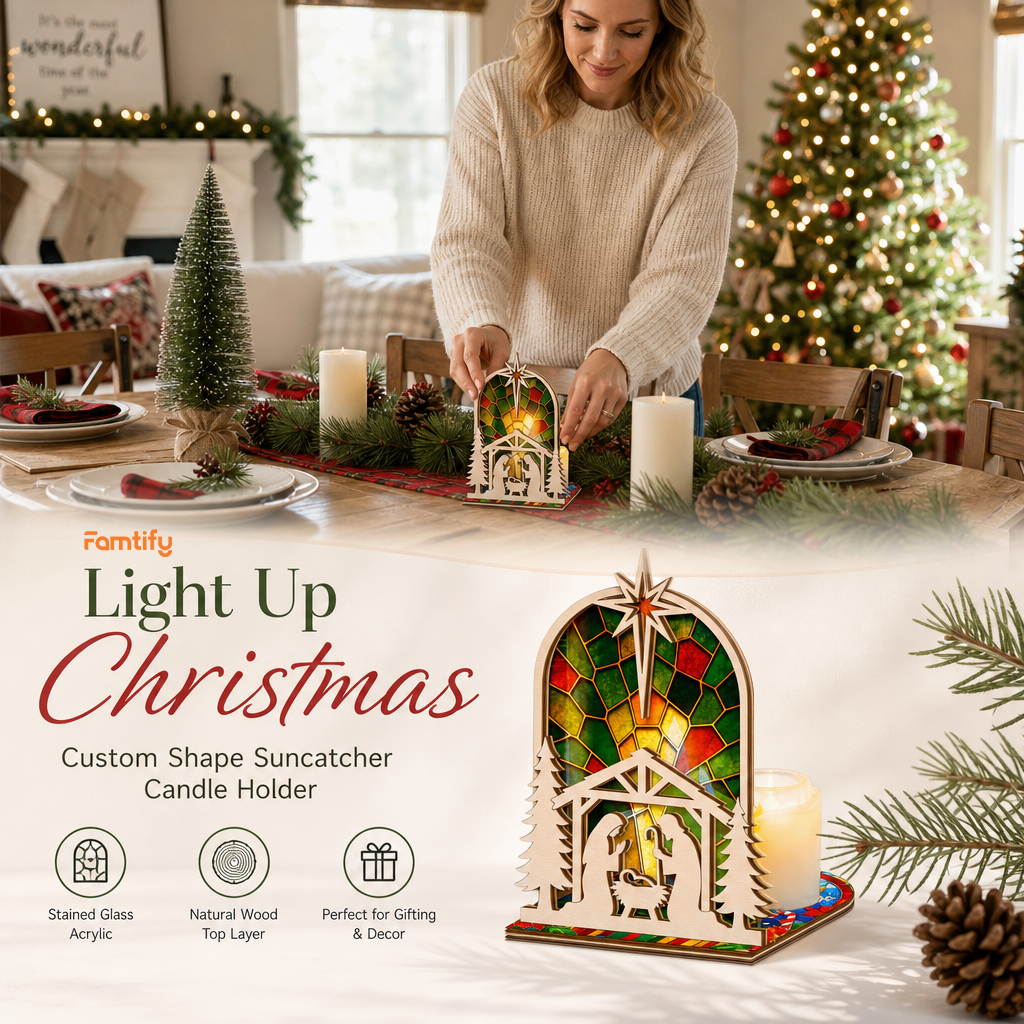 Christmas arched nativity suncatcher candle holder glowing on holiday table