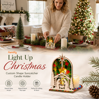 Christmas arched nativity suncatcher candle holder glowing on holiday table