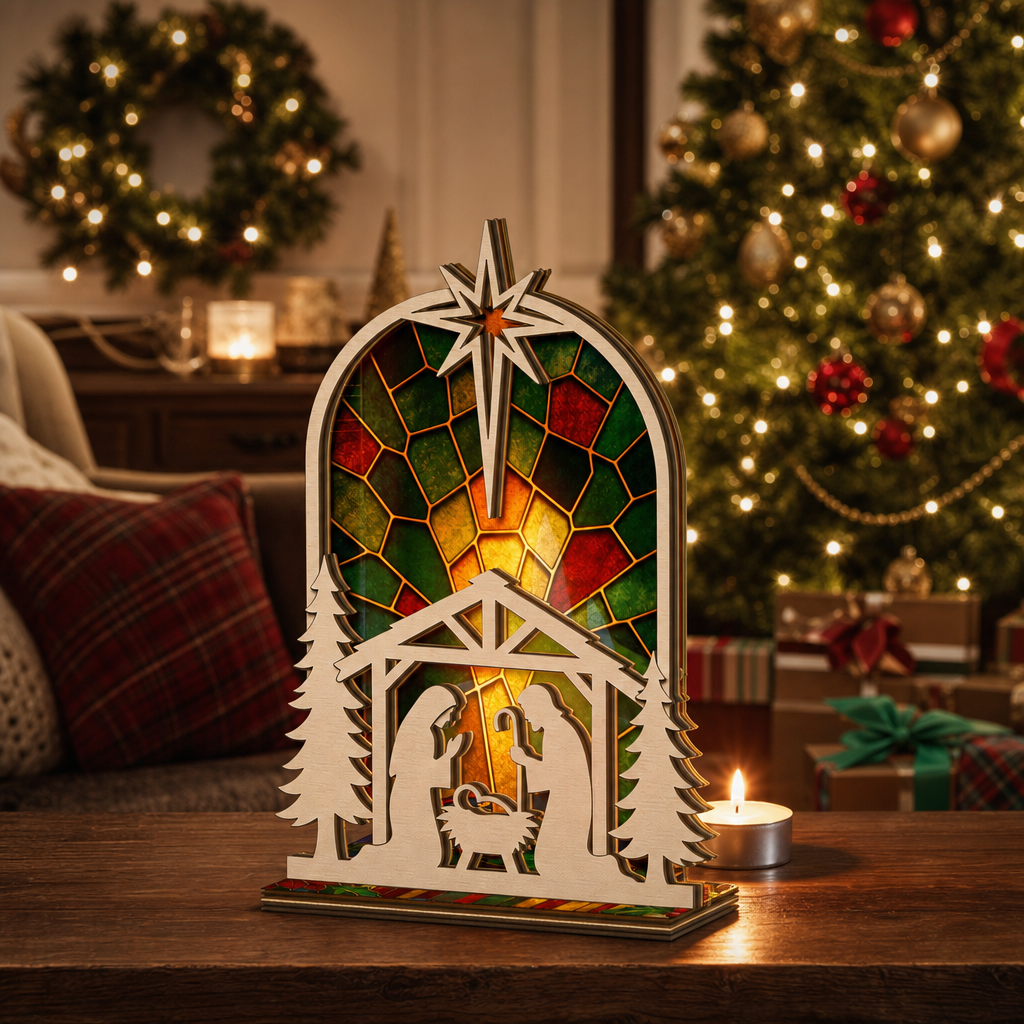 Christmas arched nativity suncatcher candle holder glowing on holiday table