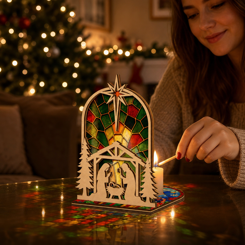 Christmas arched nativity suncatcher candle holder glowing on holiday table