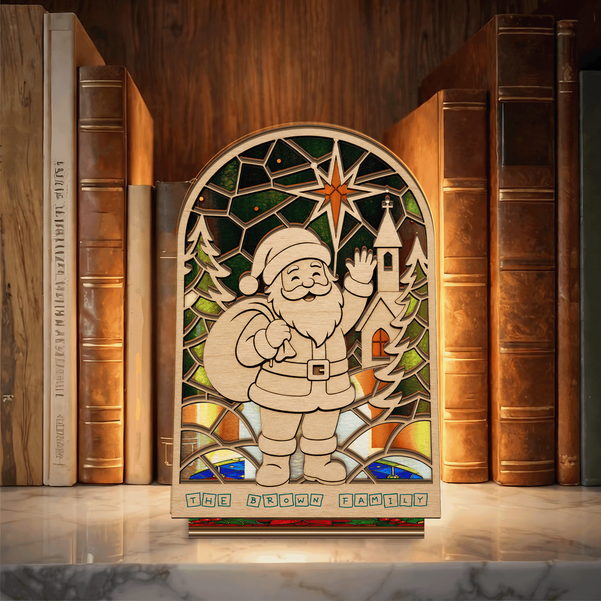 Personalized Christmas Santa family name suncatcher candle holder with arched stained glass