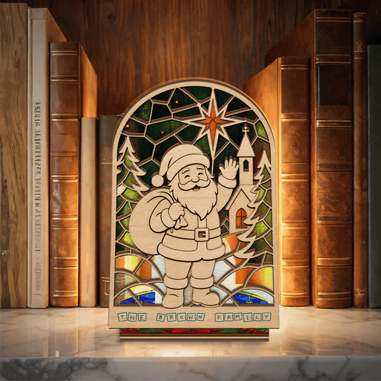 Personalized Christmas Santa family name suncatcher candle holder with arched stained glass