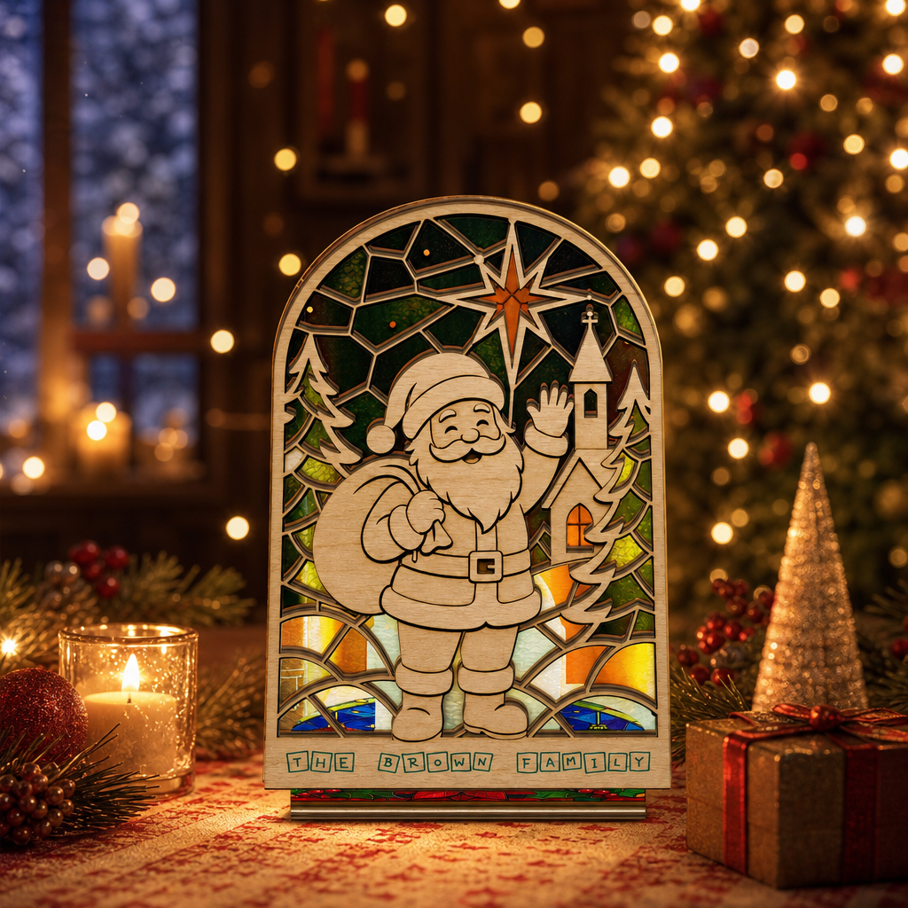 Personalized Santa family name suncatcher candle holder glowing on holiday table