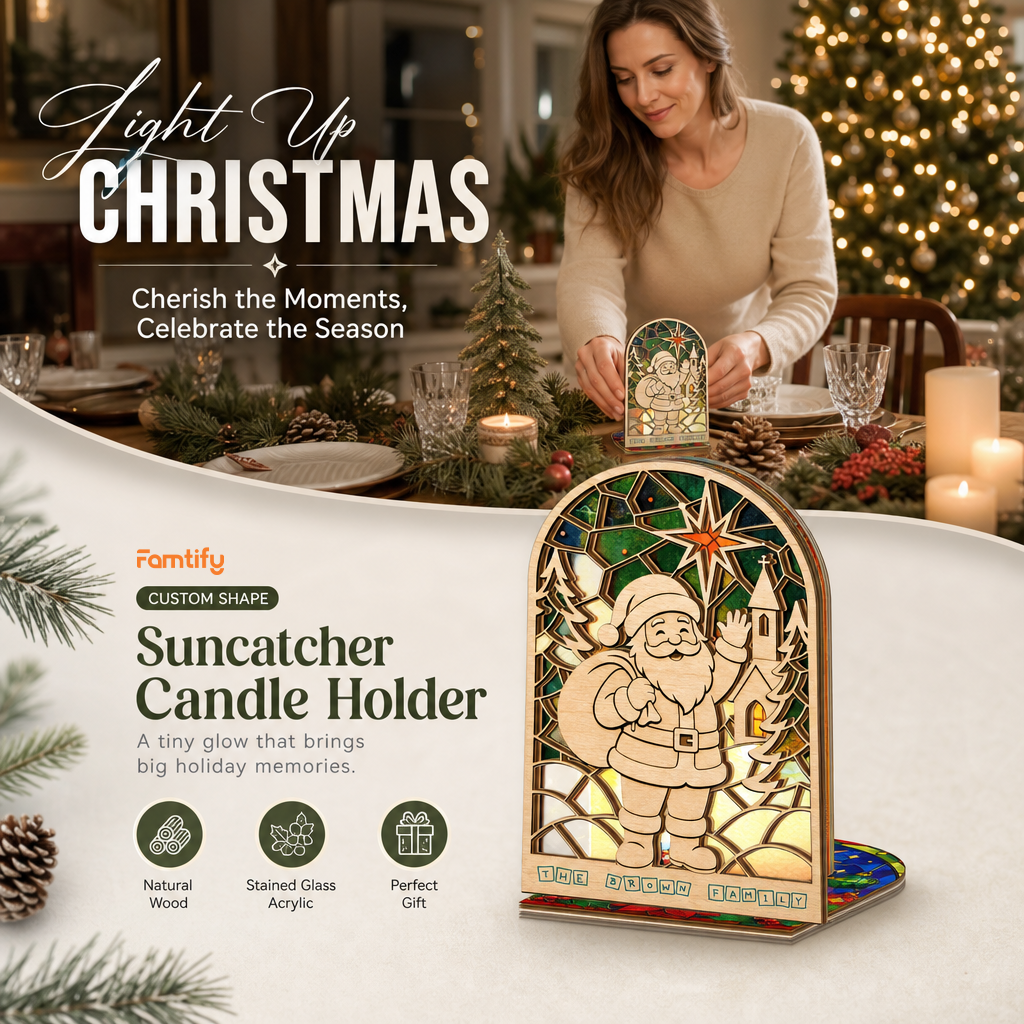 Personalized Santa family name suncatcher candle holder glowing on holiday table