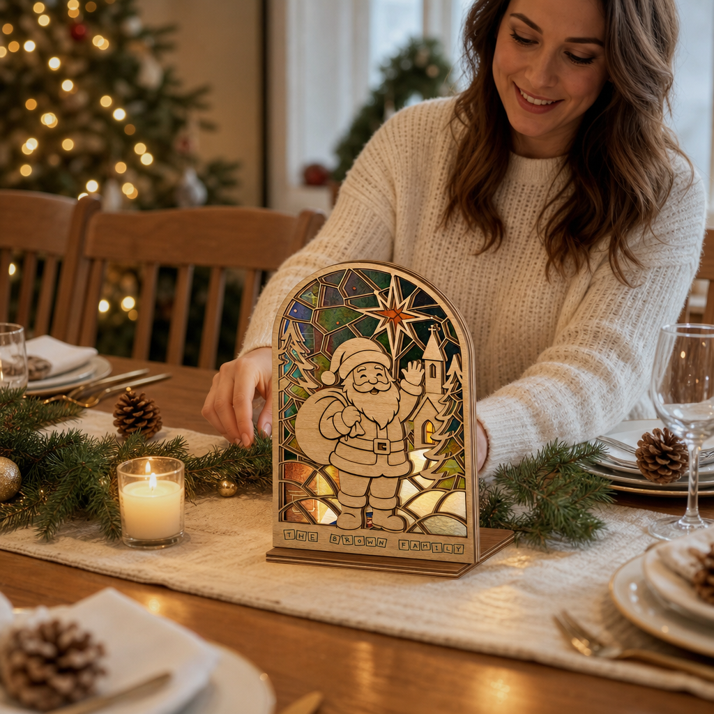 Personalized Santa family name suncatcher candle holder glowing on holiday table