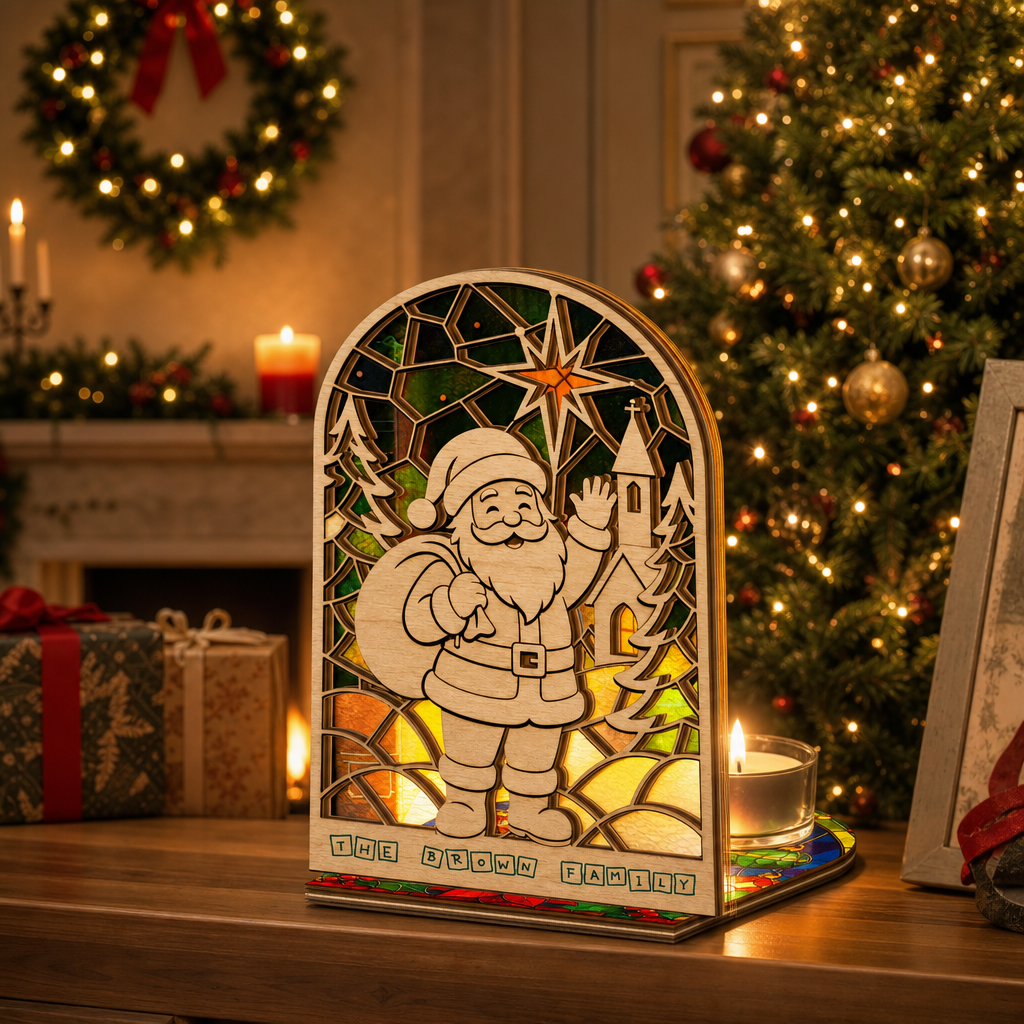 Personalized Santa family name suncatcher candle holder glowing on holiday table