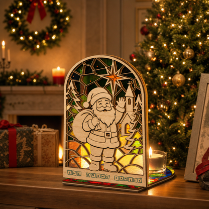 Personalized Santa family name suncatcher candle holder glowing on holiday table