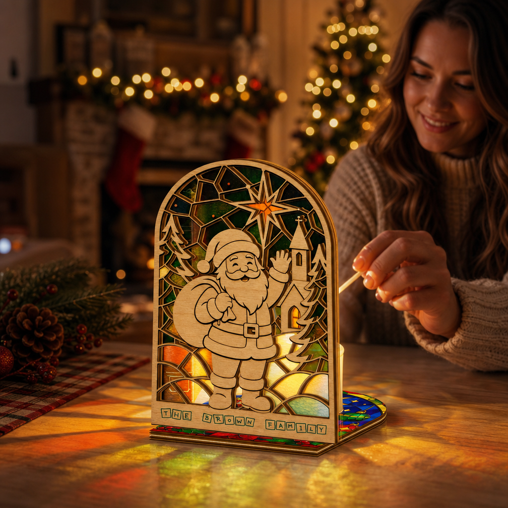 Personalized Santa family name suncatcher candle holder glowing on holiday table