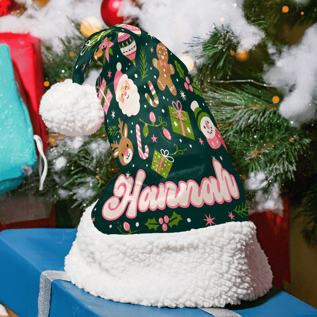 Personalized Santa Reindeer Gingerbread Pattern Christmas hat with custom name