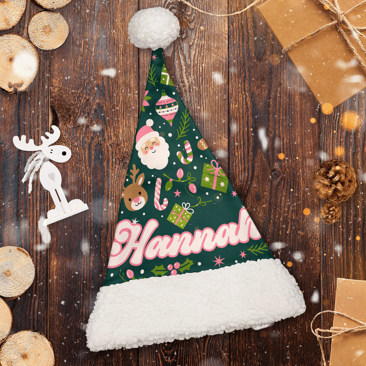 Personalized Santa Reindeer Gingerbread Pattern Christmas hat, view 2