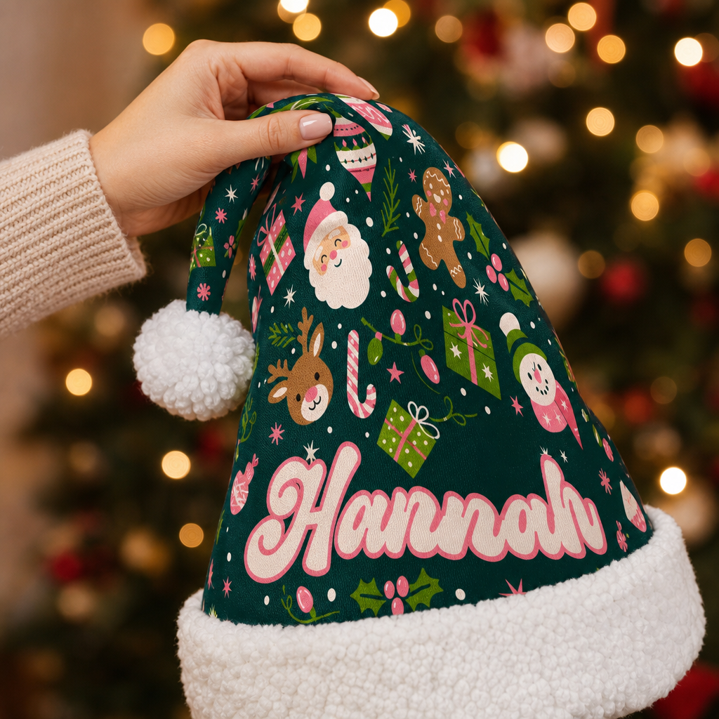 Personalized Santa Reindeer Gingerbread Pattern Christmas hat, view 3