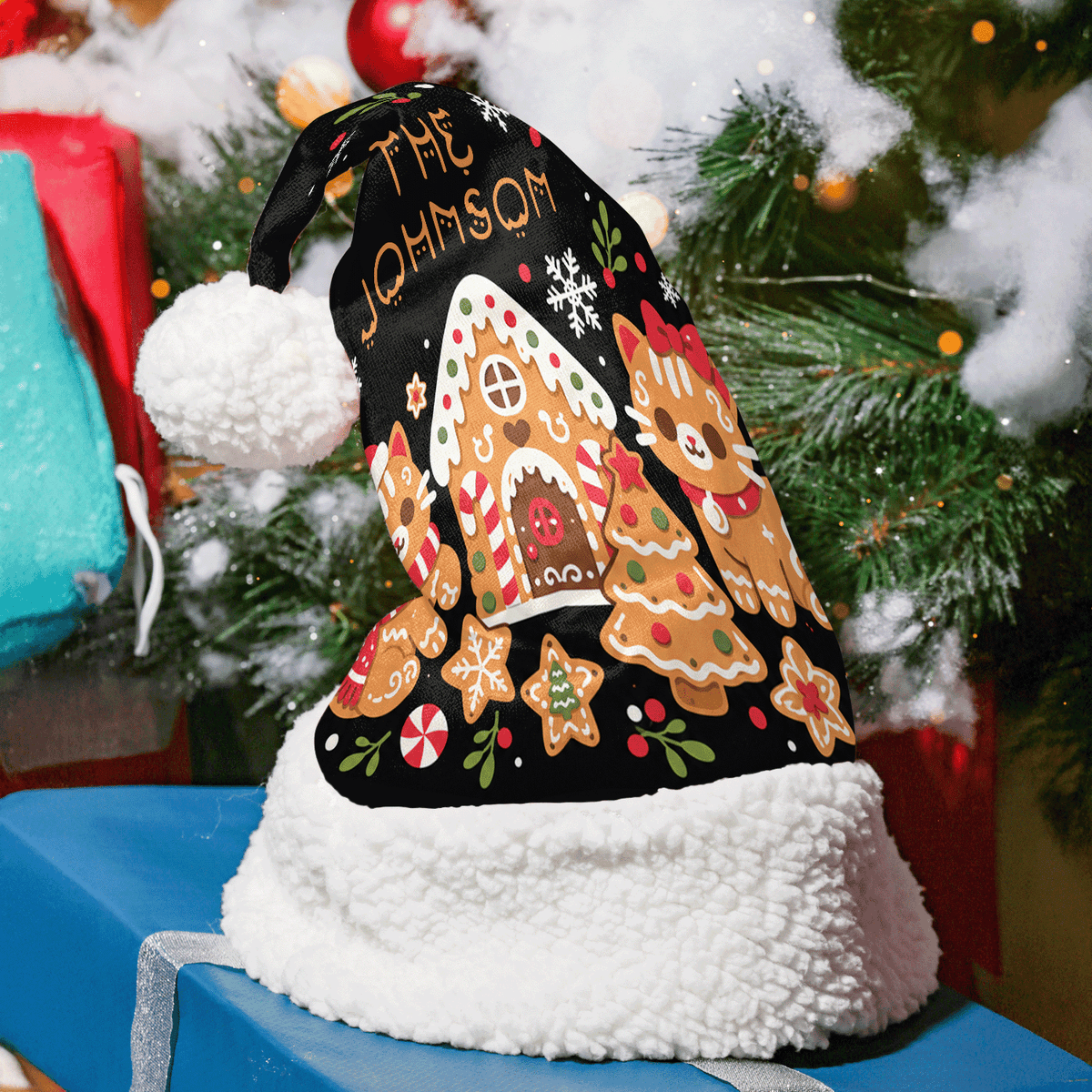 Personalized Family Name Gingerbread House Christmas hat with custom name