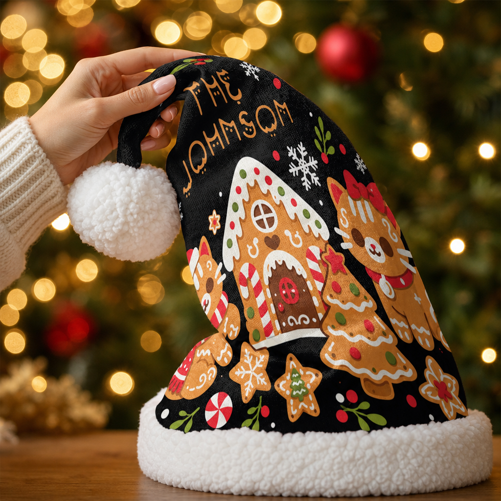 Personalized Family Name Gingerbread House Christmas hat, view 4