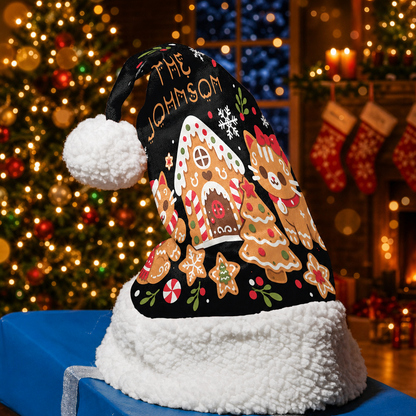 Personalized Family Name Gingerbread House Christmas hat, view 5