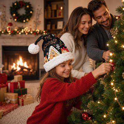 Personalized Family Name Gingerbread House Christmas hat, view 6
