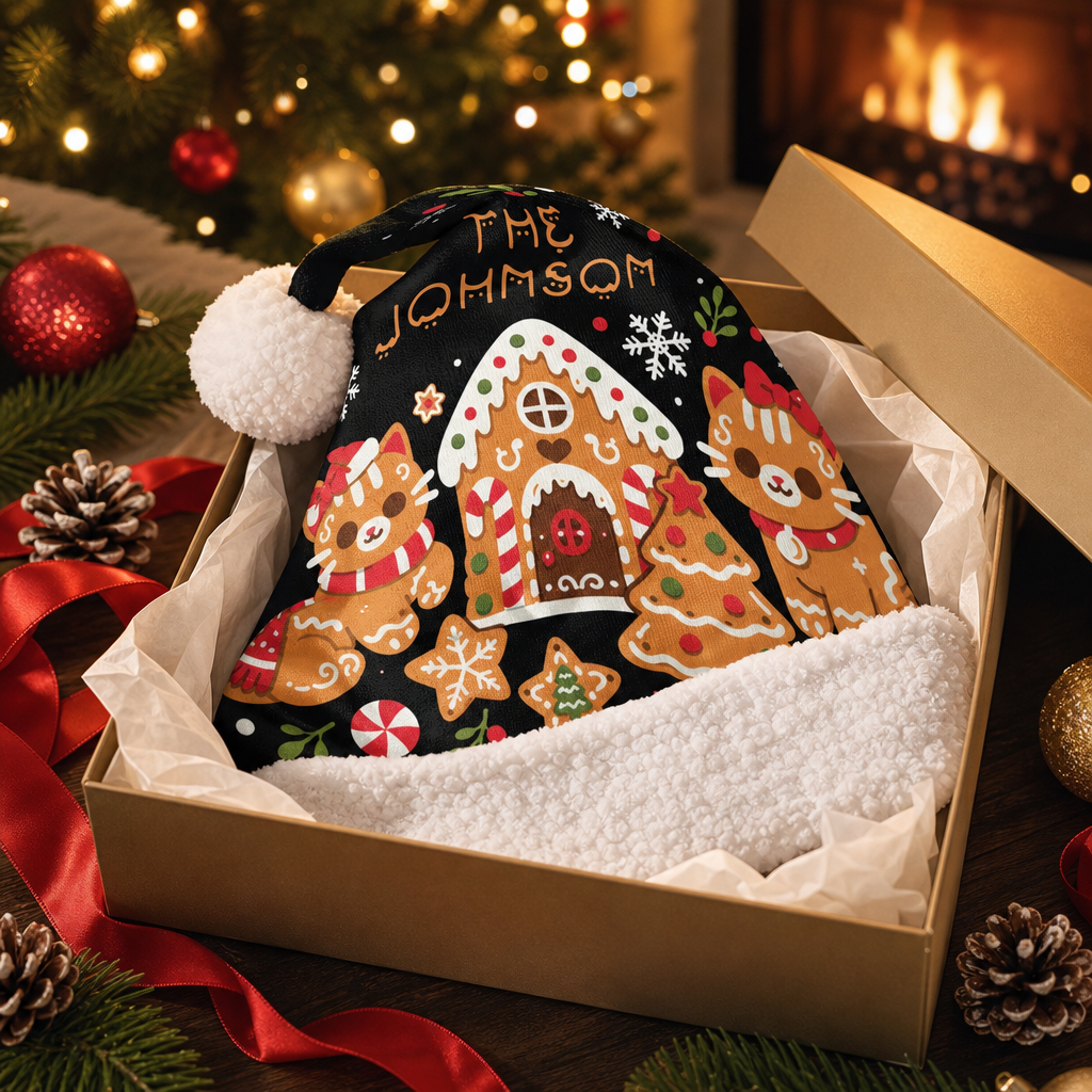 Personalized Family Name Gingerbread House Christmas hat, view 8