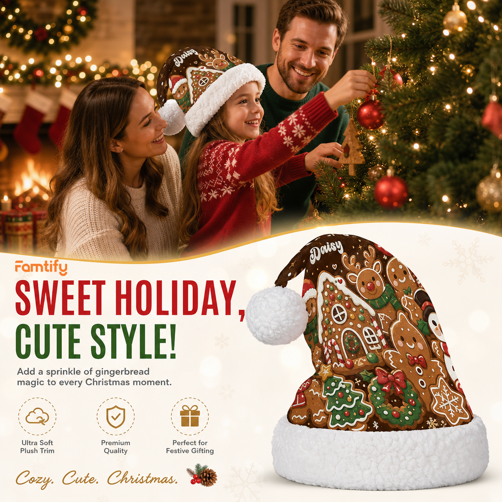 Personalized Gingerbread House Cookie Christmas hat, view 3