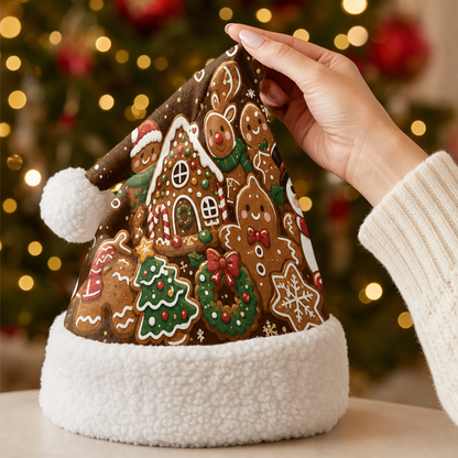 Personalized Gingerbread House Cookie Christmas hat, view 4