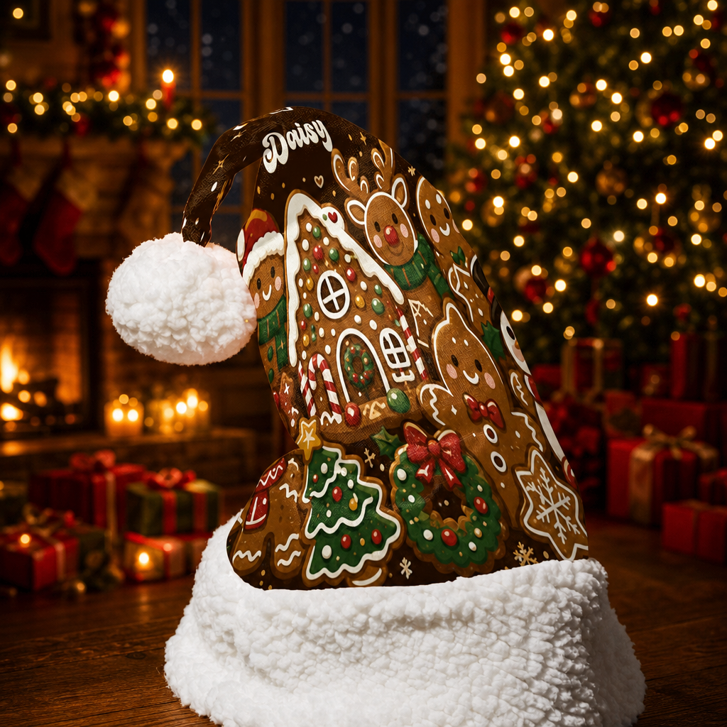Personalized Gingerbread House Cookie Christmas hat, view 5