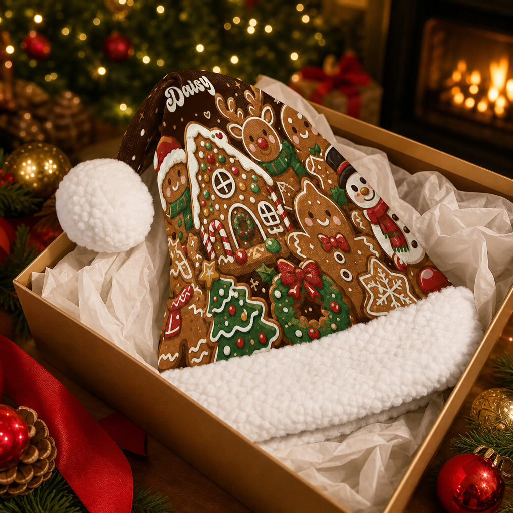 Personalized Gingerbread House Cookie Christmas hat, view 8