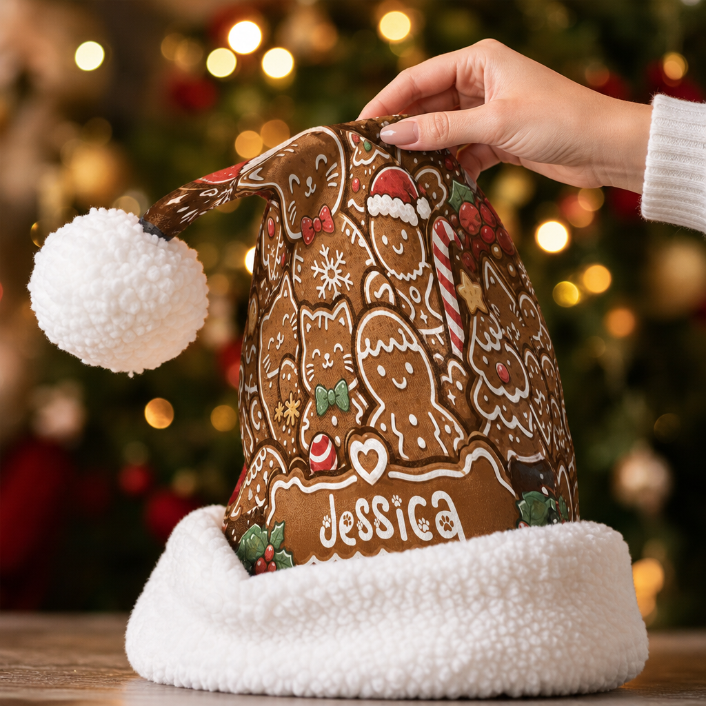 Personalized Gingerbread Cat Cookies Christmas hat, view 7