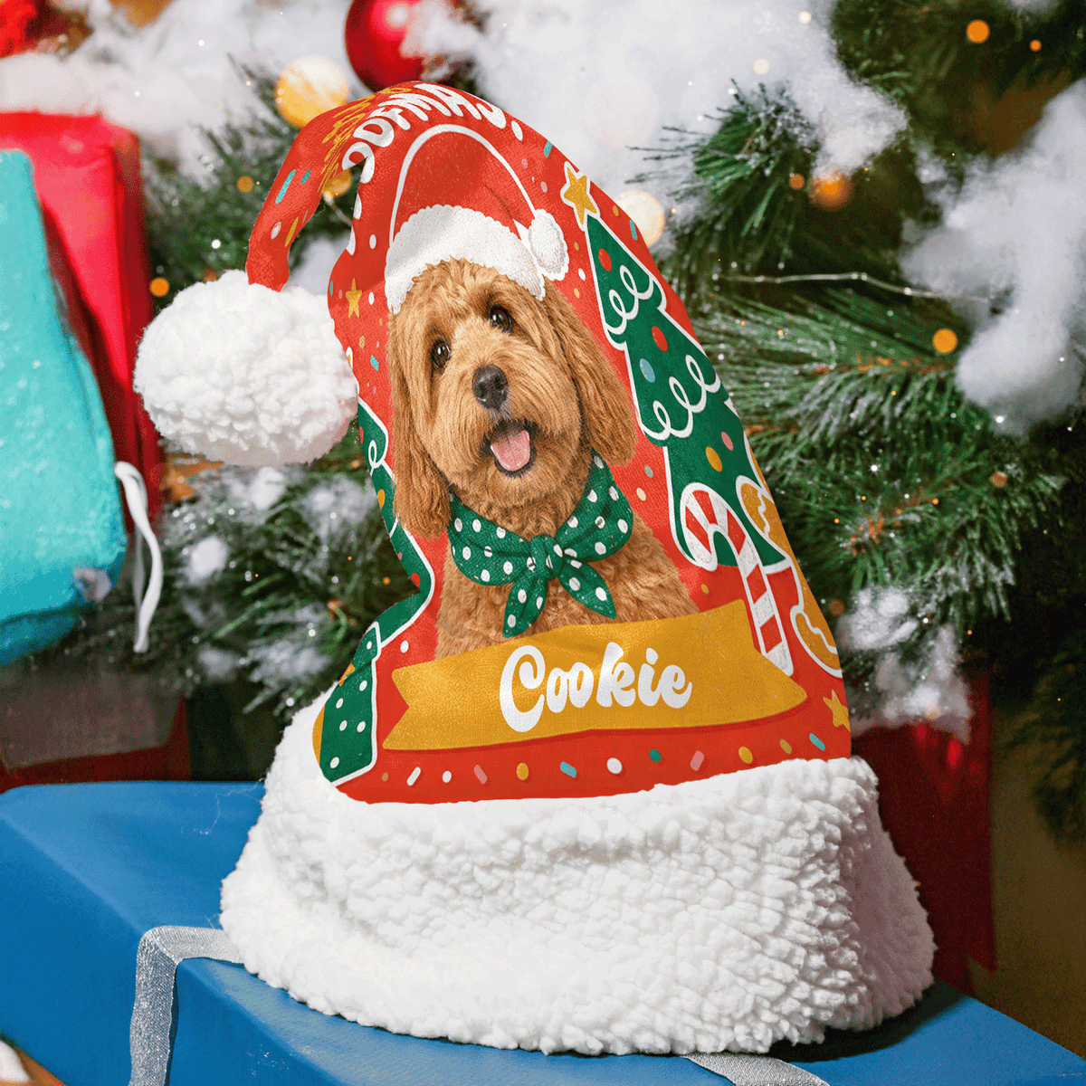 Personalized Pet Photo Candy Cane Christmas hat with custom pet photo and name