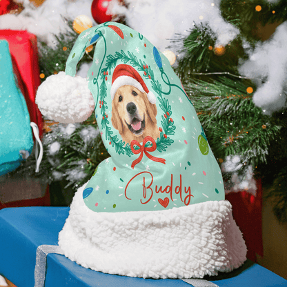 Personalized Pet Photo Wreath Christmas hat with custom pet photo and name