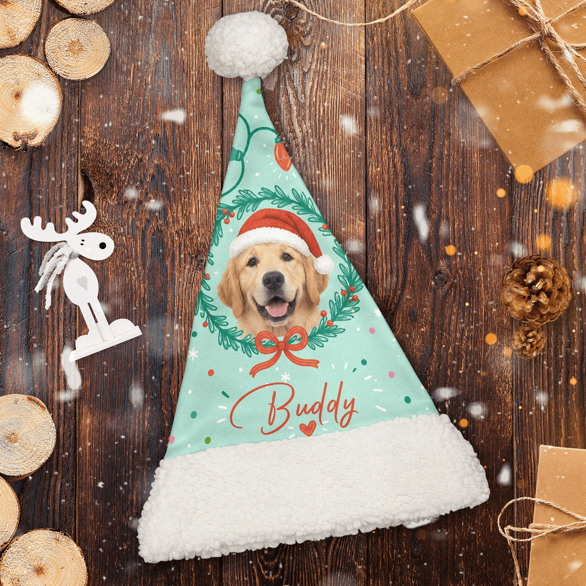 Personalized Pet Photo Wreath Christmas hat, view 2