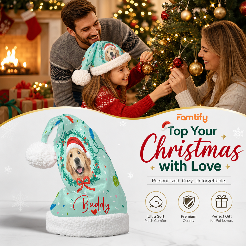 Personalized Pet Photo Wreath Christmas hat, view 3