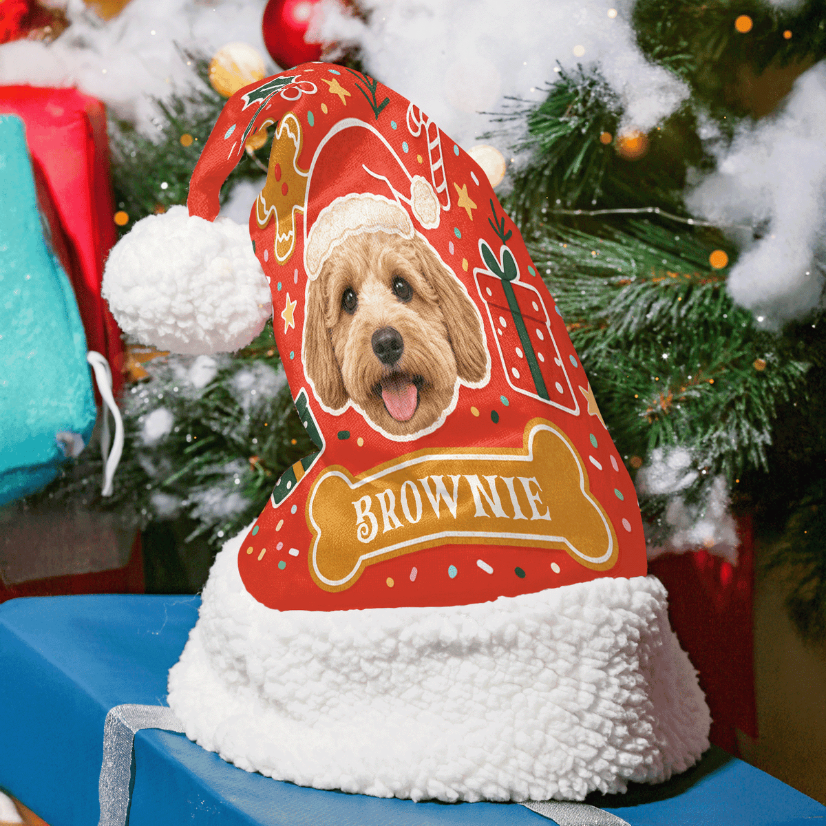 Personalized Pet Photo Bone Name Christmas hat with custom pet photo and name