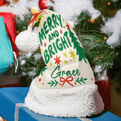Personalized Merry And Bright Christmas Tree Christmas hat with custom name