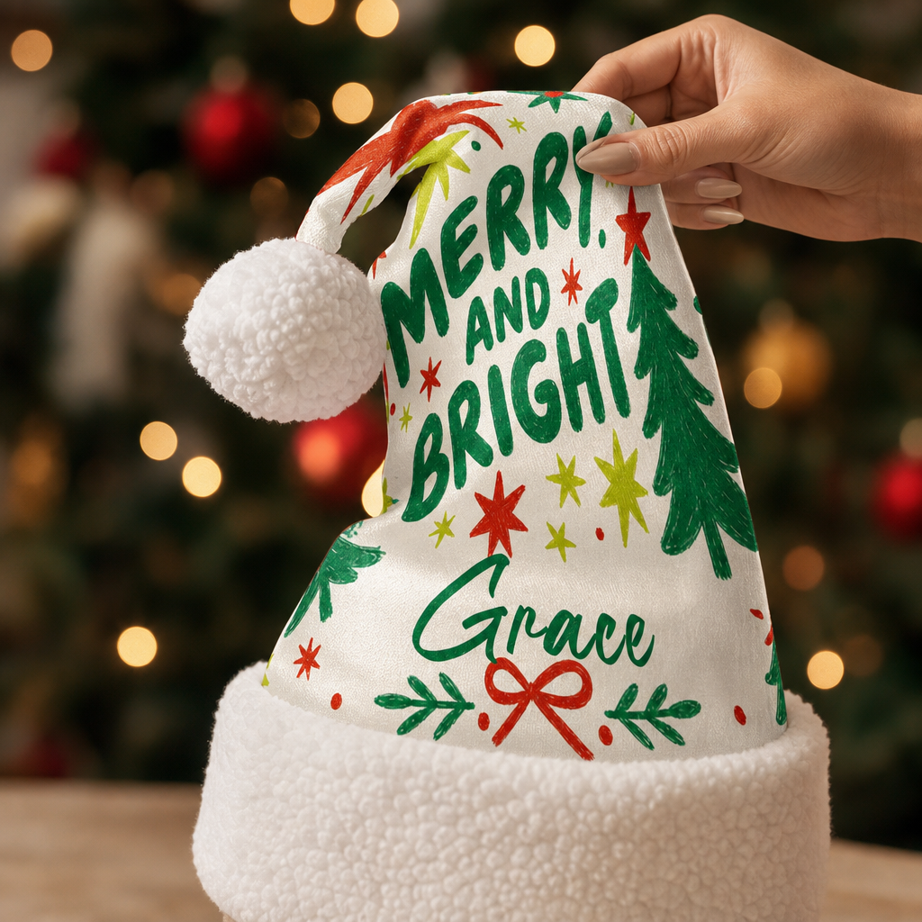 Personalized Merry And Bright Christmas Tree Christmas hat, view 8