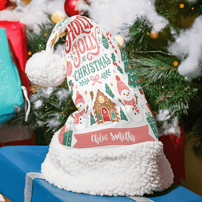 Personalized Holly Jolly Snowman Village Christmas hat with custom name