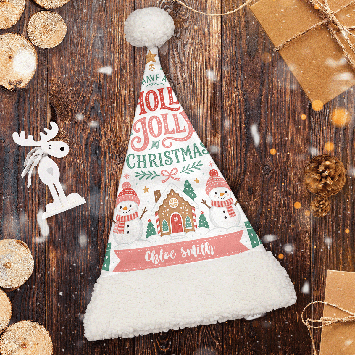 Personalized Holly Jolly Snowman Village Christmas hat, view 2