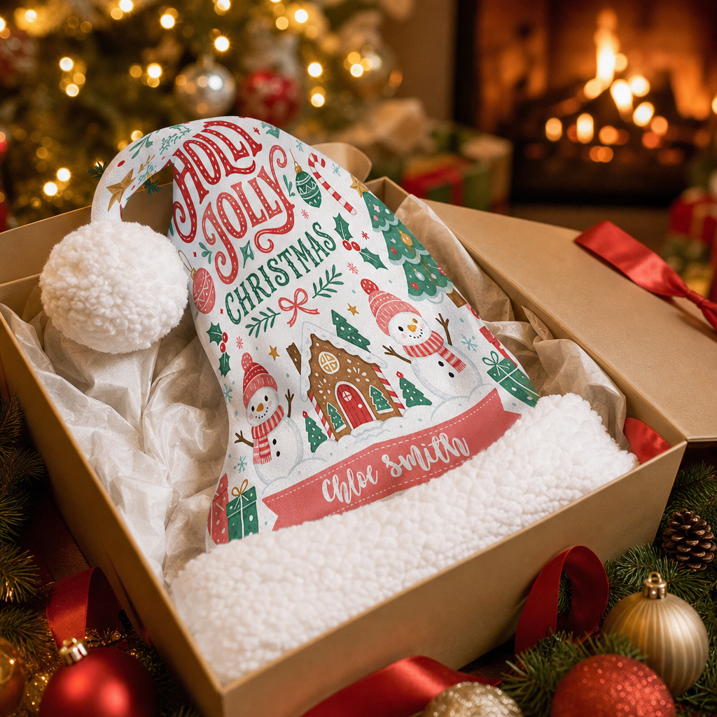 Personalized Holly Jolly Snowman Village Christmas hat, view 5