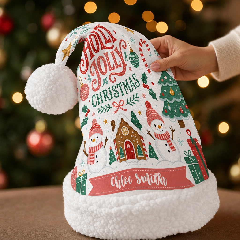 Personalized Holly Jolly Snowman Village Christmas hat, view 6