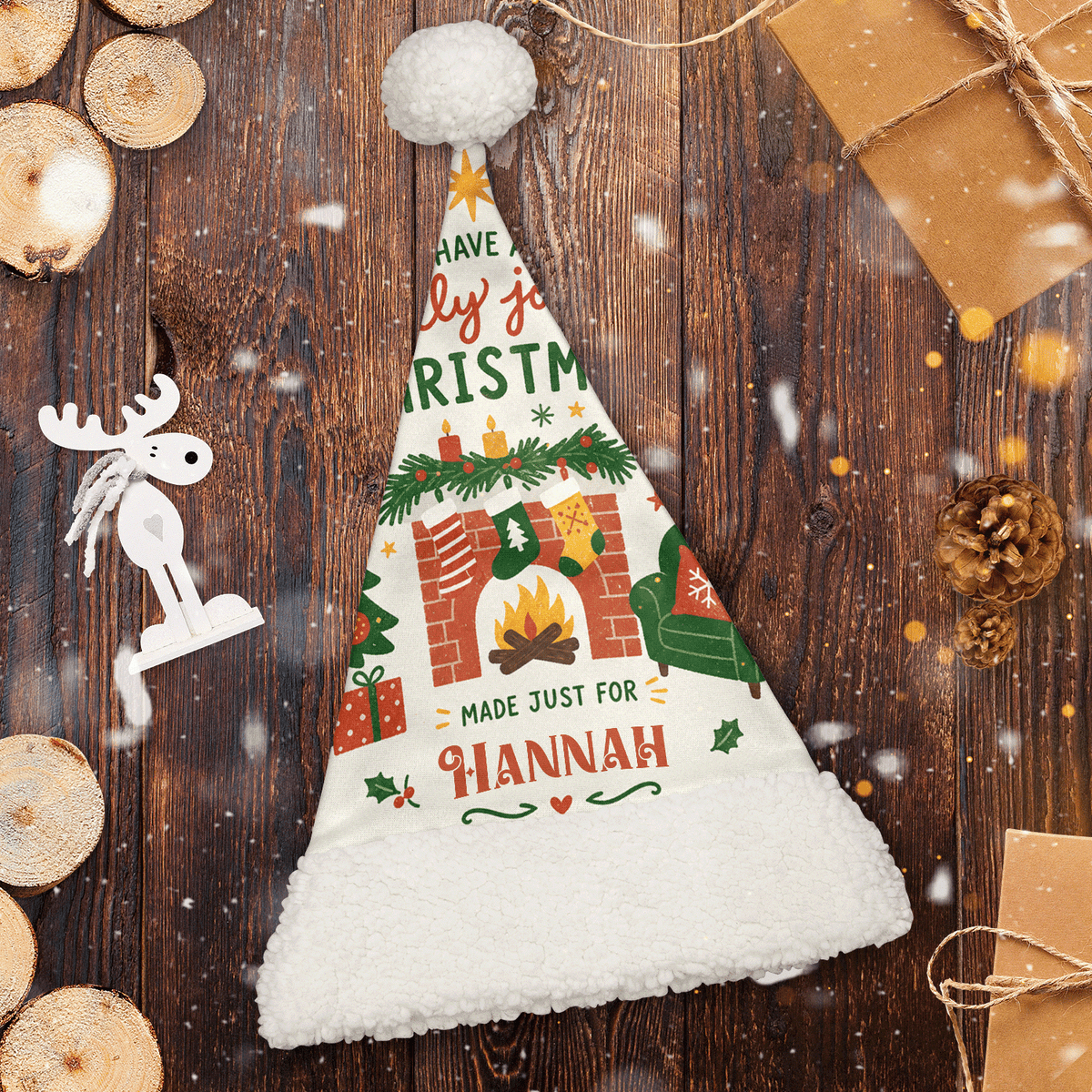 Personalized Made Just For Fireplace Christmas hat, view 2