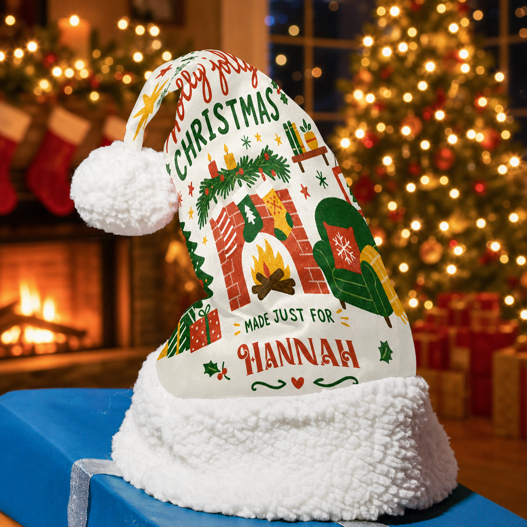 Personalized Made Just For Fireplace Christmas hat, view 3