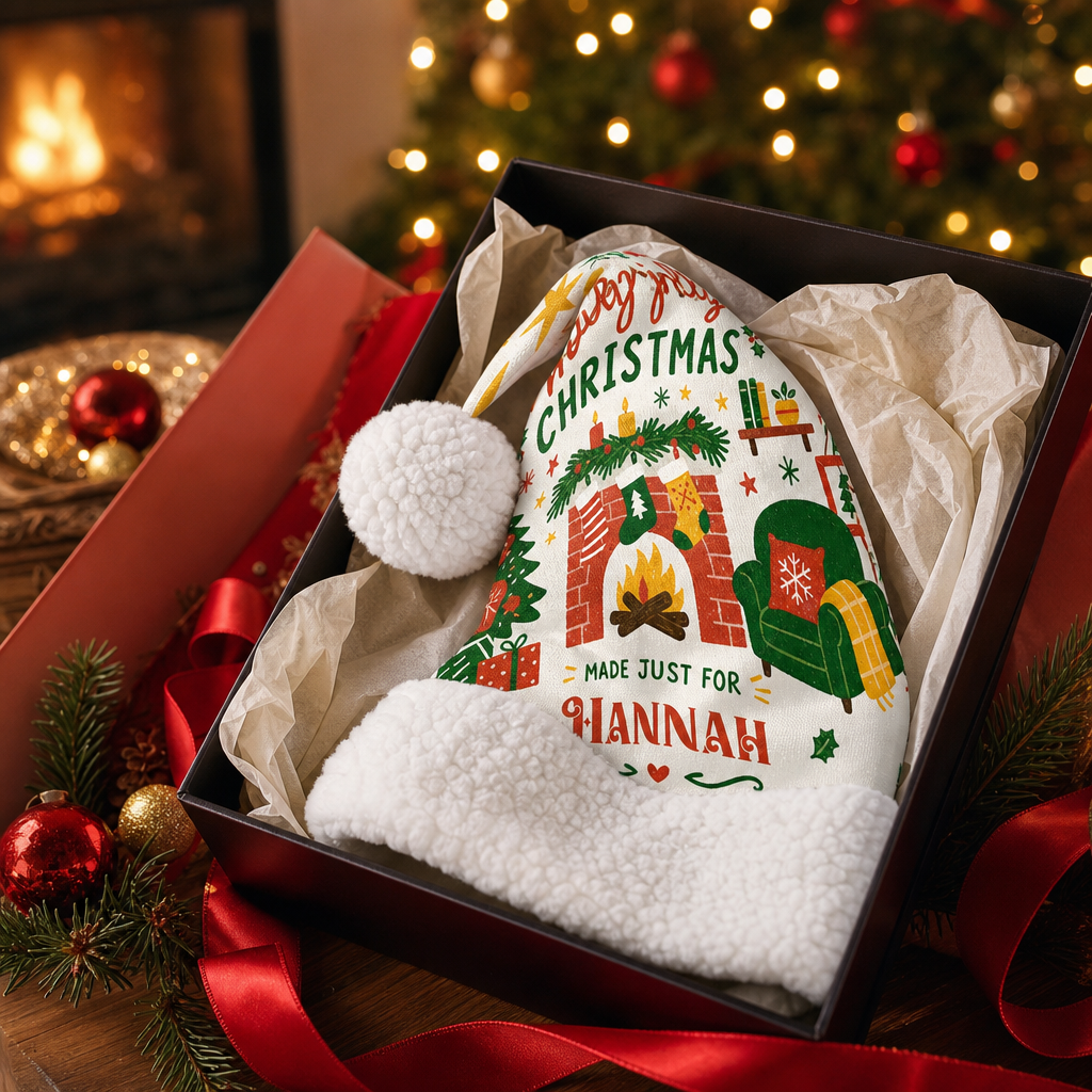Personalized Made Just For Fireplace Christmas hat, view 7