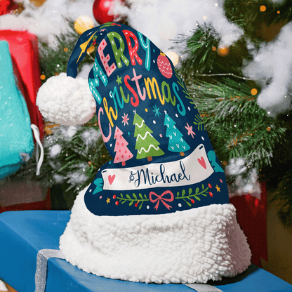 Personalized Merry Christmas Trees Banner Christmas hat with custom name